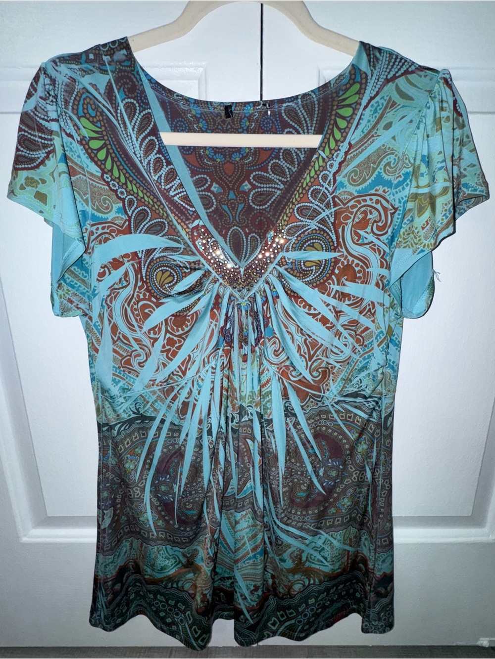 Women’s Blue Brown Paisley Rhinestone V Neck Empire Waist Flutter Sleeve Top